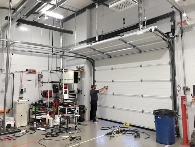 Sanford Garage Door Repair certified technician performing commercial door repair at a Sanford business facility