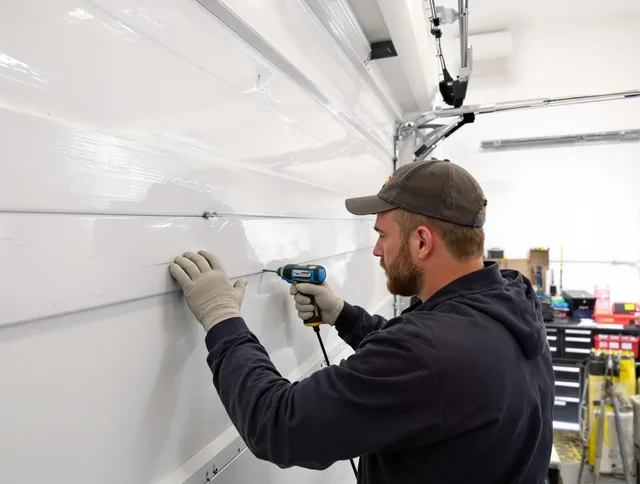 Sanford Garage Door Repair technician demonstrating precision dent removal techniques on a Sanford garage door