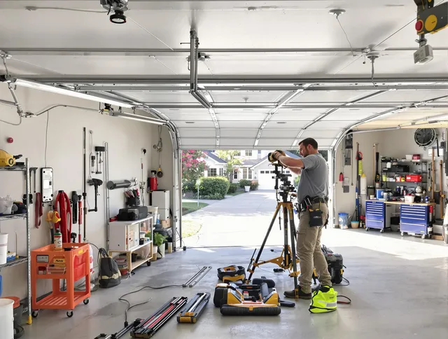 Sanford Garage Door Repair specialist performing laser-guided track alignment in Sanford